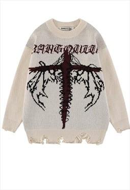 Gothic sweater 90s pattern chunky knit ripped jumper cream
