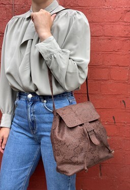 90s Floral Embossed Brown Leather Crossbody Handbag