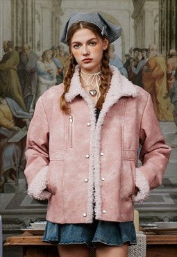 Sherpa bomber jacket faux leather winter fleece coat in pink