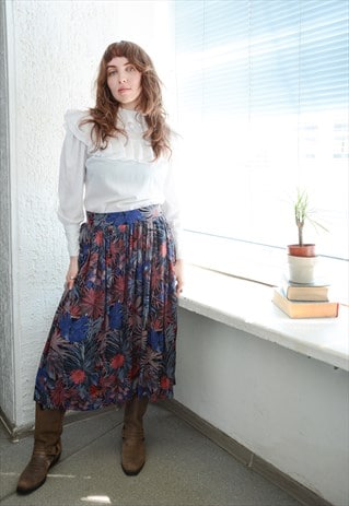 VINTAGE MULTICOLOUR BOHEMIAN FLORAL PRINT MIDI VISCOSE SKIRT