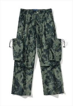 Tie-dye corduroy jeans cargo pocket gradient overalls green