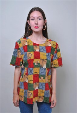 Vintage multicolor pullover blouse with patchwork pattern 