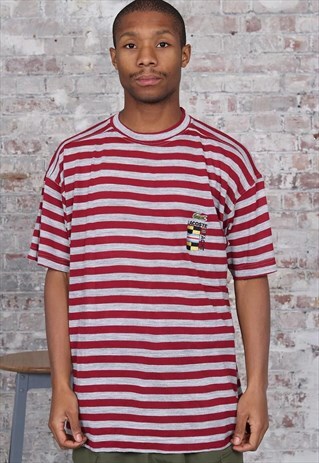 VINTAGE LACOSTE YACHTING LOGO STRIPED T-SHIRT RED GREY