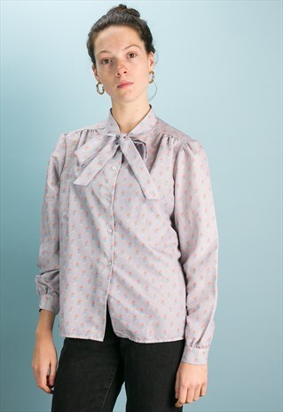 VINTAGE 80S PUSSYBOW PATTERN BLOUSE LILAC GREY