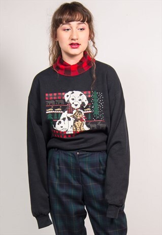 VINTAGE 90'S BLACK DALMATIAN PRINT HIGH NECK CUTE SWEATSHIRT