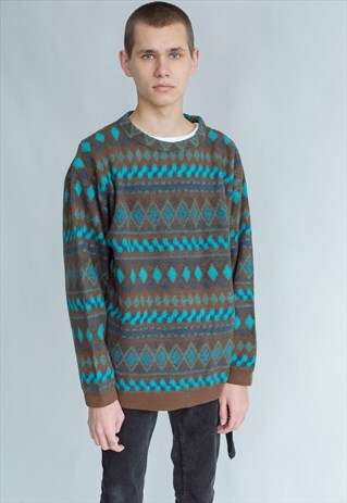 VINTAGE 70S ROUND NECK FLEECE IN AZTEC PATTERN