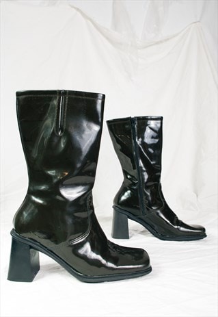 Vintage Y2K High Heel Patent Leather Boots in Green