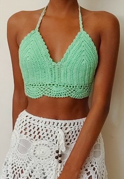 Elvinia Mint Green Crochet partywear tie back crop top 
