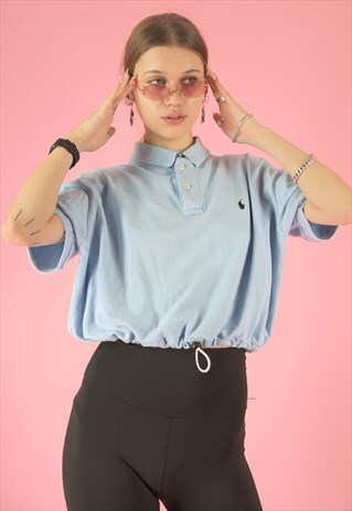 VINTAGE 90S REWORKED RALPH LAUREN CROP TOP POLO SHIRT BLUE