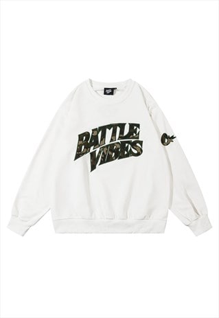 SKATER SWEATSHIRT BATTLE SLOGAN JUMPER GRUNGE TOP IN WHITE