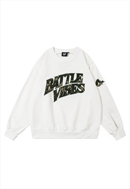 Skater sweatshirt battle slogan jumper grunge top in white
