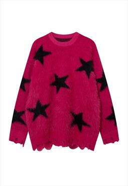 Fluffy sweater fuzzy jumper star print long hair top in red