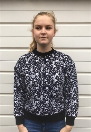 WOMENS VINTAGE 80S JUMPER WHITE BLUE AZTEC PATTERN SWEATER