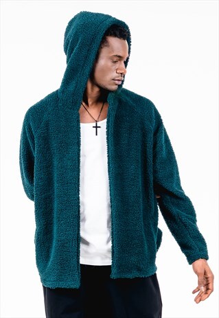 FLEECE CARDIGAN IN GREEN WITH HOOD AND SIDE POCKETS