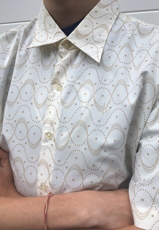 MENS CREAM 80S 90S SHIRT ABSTRACT SHORT SLEEVE PATTERNED TOP