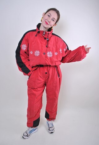 RED ONE PIECE VINTAGE SKI SUIT, 80S SNOWFLAKE PRINT SKI SUIT