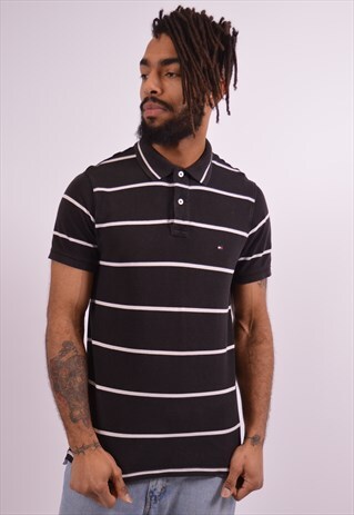 TOMMY HILFIGER MENS VINTAGE POLO SHIRT MEDIUM BLACK STRIPES