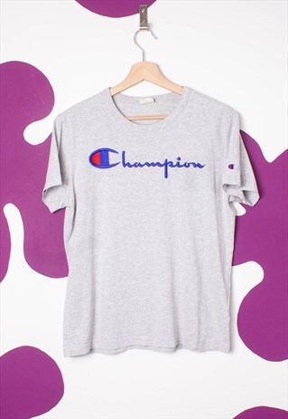 VINTAGE CHAMPION EMBROIDERED SPELL OUT GREY T-SHIRT