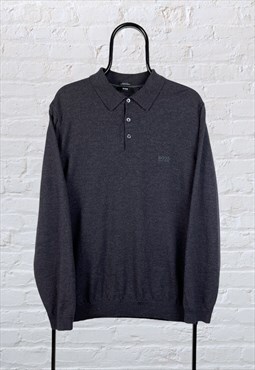 Vintage Hugo Boss Wool Polo Long Sleeve Sweatshirt Grey XL