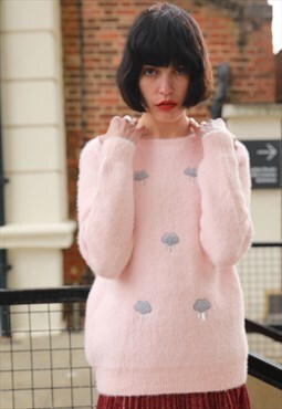 Long Sleeve Fluffy Jumper with Cloud Design in Light Pink