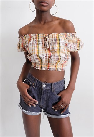 VINTAGE 90S DOES 70S PLAID OFF-THE-SHOULDER CROP TOP