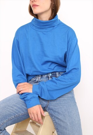 VINTAGE 90S BLUE POLO HIGH TURTLE ROLL NECK TOP