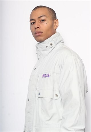 VINTAGE FILA MAGICLINE FLEECE LINED JACKET PARKA GREY CREAM