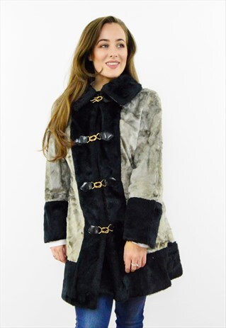 VINTAGE 90S BLACK AND GREY FAUX FUR COAT