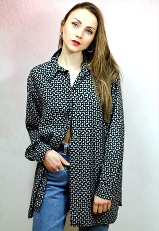1990S VINTAGE MONOCHROME PAISLEY PRINT VISCOSE BLOUSE