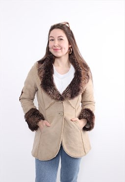 90s penny lane coat, vintage beige overcoat with faux fur