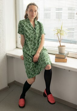 Vintage 70's Green Patterned Midi Bohemian Dress