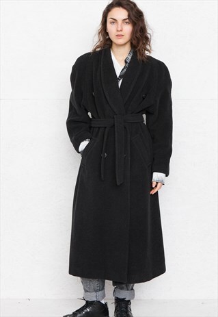 VINTAGE BLACK TRENCH WOOL COAT