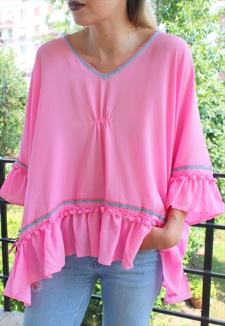 PINK TOP EMBROIDERY AND POMPONS
