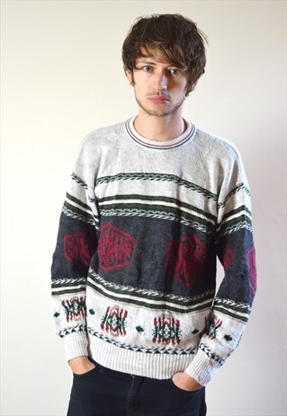 80S VINTAGE CREAM & GREY COSY PATTERN KNIT JUMPER