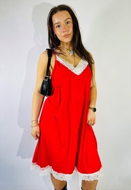 Vintage Size L Satin Midi Slip Dress in Red