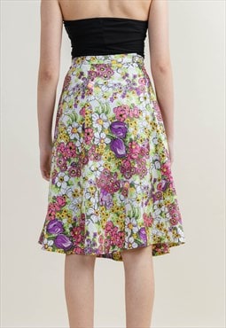Vintage 70s Pleated Midi High Waisted Floral Skirt XS