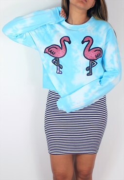 Flamingo tie dye cropped jumper in sky blue. Festival outfit
