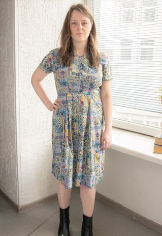 VINTAGE 70'S MULTICOLOUR PATTERNED MIDI COTTON DRESS