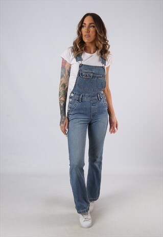 VINTAGE DENIM DUNGAREES FLARED LEG PETITE UK 4 XXXS (JA5Q)