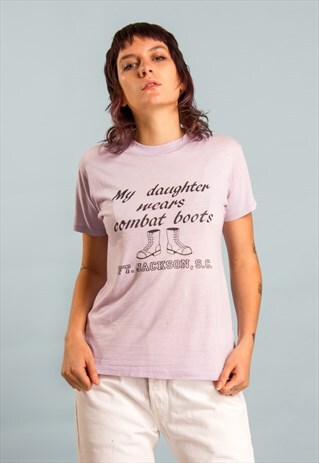 70'S VINTAGE FITTED T-SHIRT PRINTED DISTRESSED COTTON LILAC