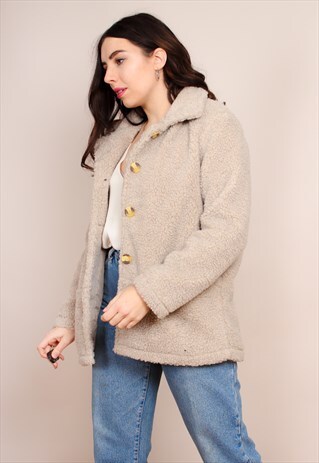 VINTAGE 80S CREAM TEDDY BEAR FAUX SHEARLING COAT
