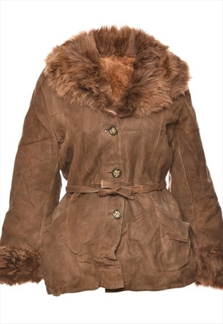 BEYOND RETRO VINTAGE BROWN LEATHER BELTED FUR TRIM COAT - L