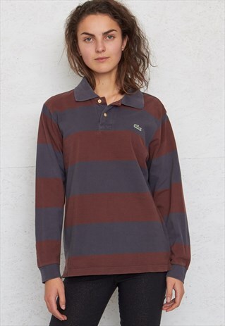VINTAGE BROWN BLUE LACOSTE LONG SLEEVE POLO SHIRT TOP