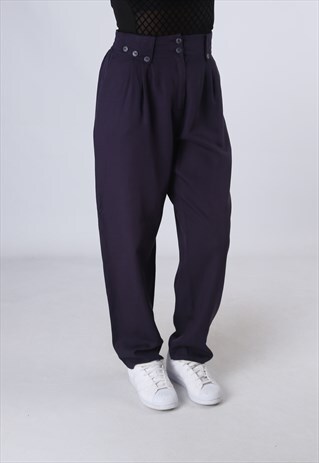 HIGH WAISTED TROUSERS PLAIN WIDE TAPERED LEG UK 12 (DK5G)