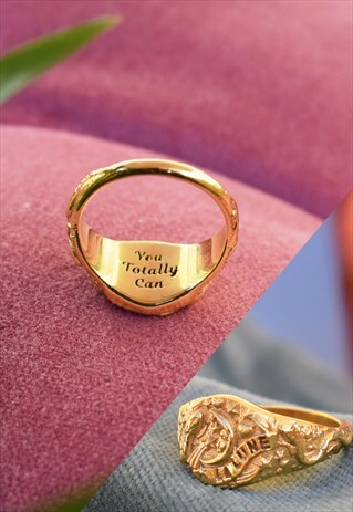 GOLD PERSONALISED SIGNET RING WITH MOON AND STARS HANDMADE