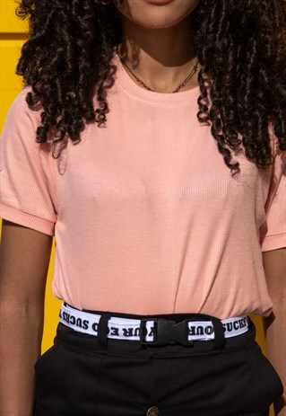 HANDMADE RIBBED SHORT SLEEVED T-SHIRT IN PINK SALMON