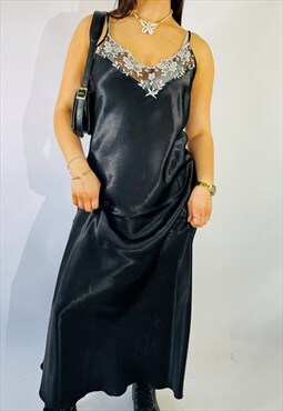 Vintage Size L Satin Lace Maxi Slip Dress in Black