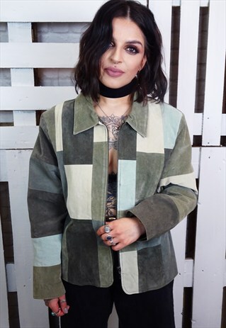 GREEN PATCH WORK STYLE 90'S SUEDE ZIP UP JACKET