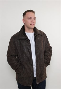 90s casual leather jacket, vintage men winter worker jacket
