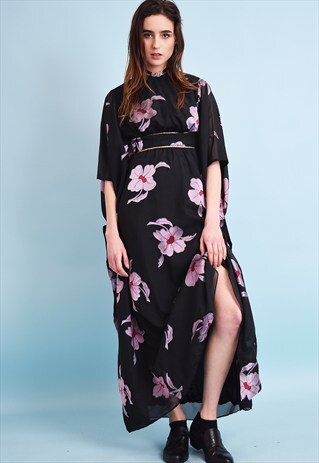 70'S RETRO FLORAL PATTERN KIMONO STYLE MAXI FLARE DRESS